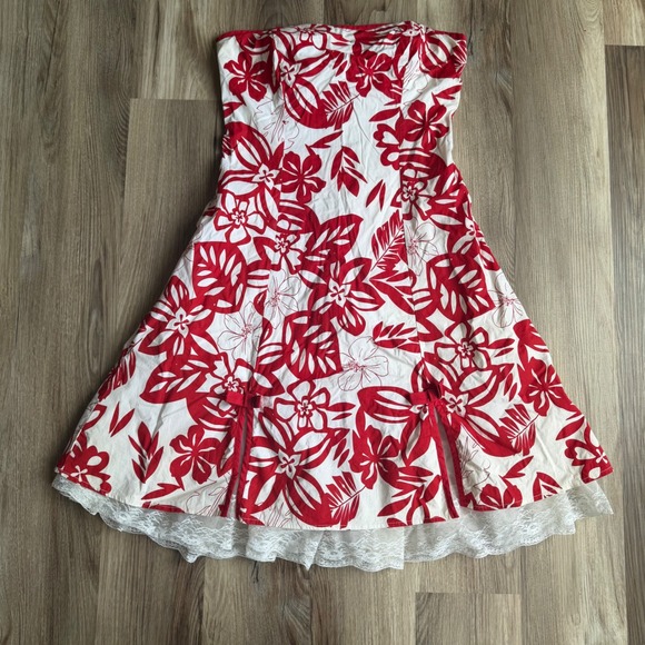 Byer California Dresses & Skirts - Vintage Byer California IZ Red White Tropical Floral Strapless Lace Trim Dress 9